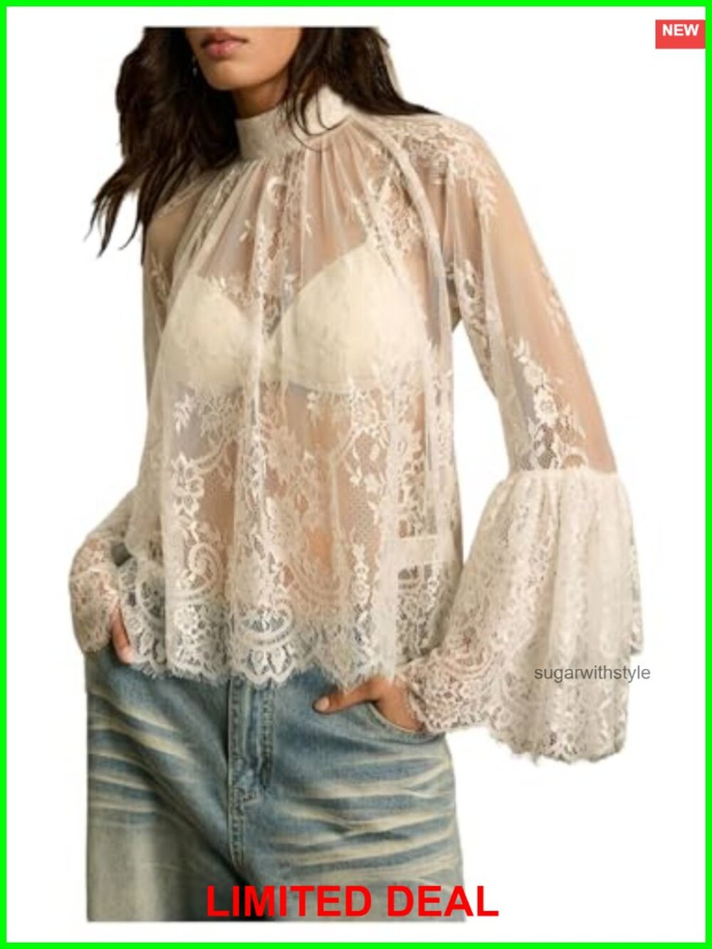 Women's Lace Sheer Blouse Mock Neck Bell Sleeve Boho Top